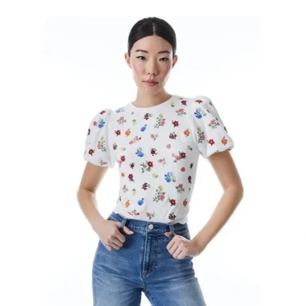 NWT Alice + Olivia Puff Sleeve Risa Floral Embroidery Pullover Sweater M